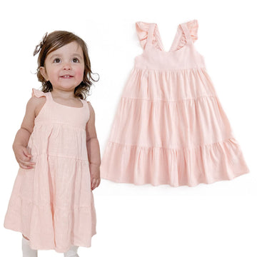 Curipeer Baby Girl Cotton Linen Dress With Smocking Casual Infant Dress Sleeveless Pink 4 Years