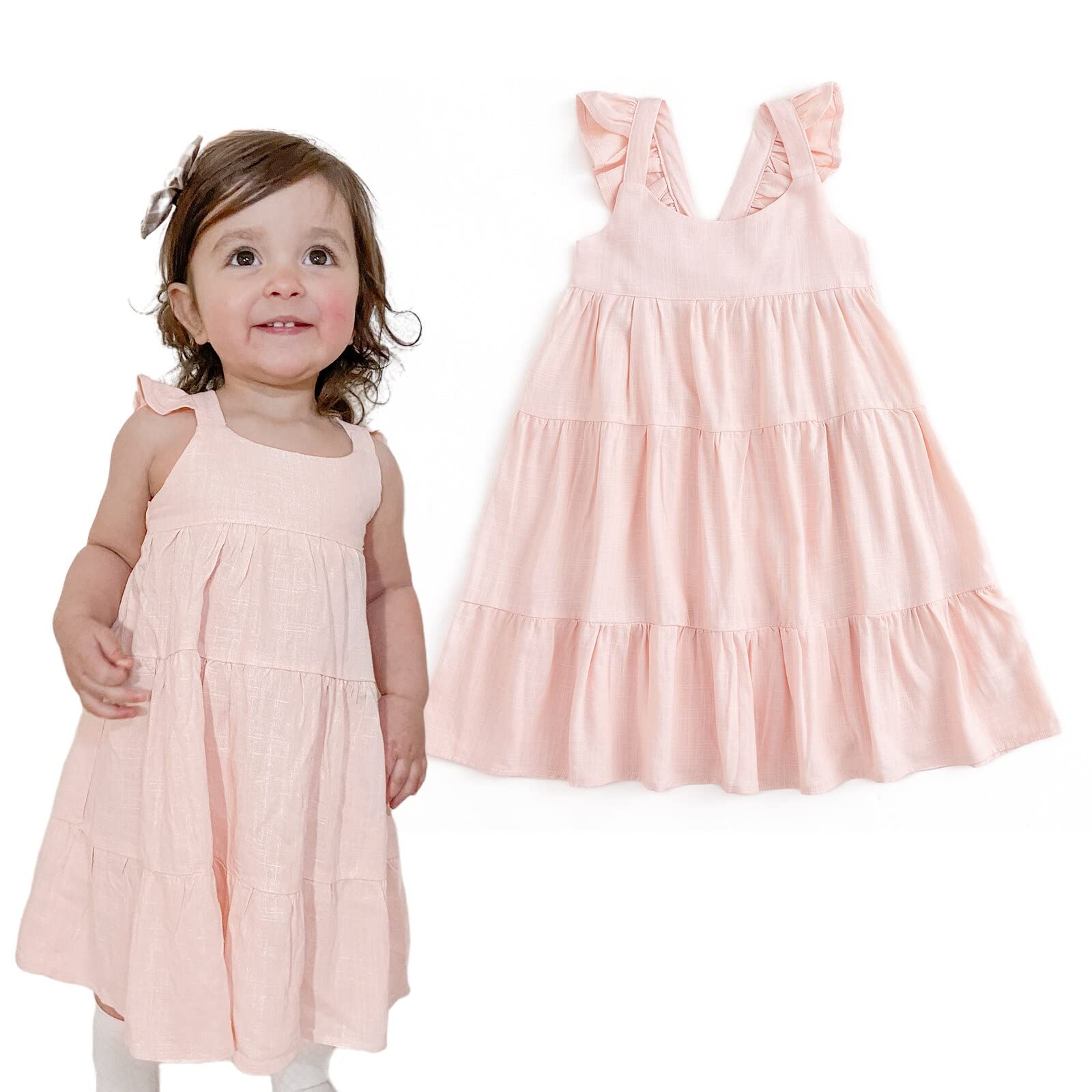 Curipeer Baby Girl Cotton Linen Dress With Smocking Casual Infant Dress Sleeveless Pink 2 Years