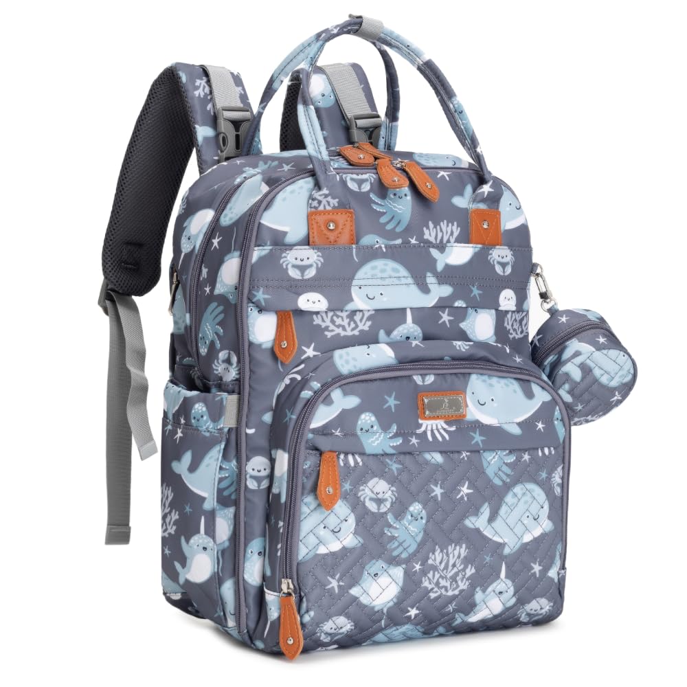 Babbleroo Baby Diaper Bag - Laptop Backpack, Sea Animals, Unisex, 12'X8'X16.5', 26L