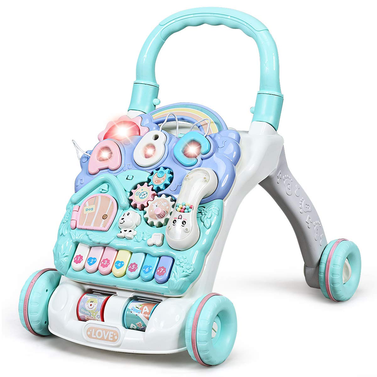 BABY JOY Sit-to-Stand Learning Walker, Kids Activity Center, Entertainment Table w/Lights & Sounds, Music, Detachable Panel, Edu