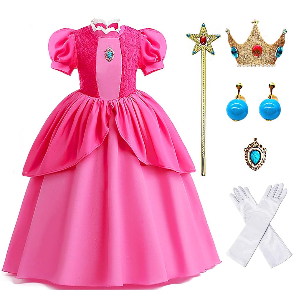 Yuegoo Princess Peach Costume Dress For Girls Kids, Super Bros Princess Peach Cosplay Halloween Party Dress Up Suit 3-12Y (110(4