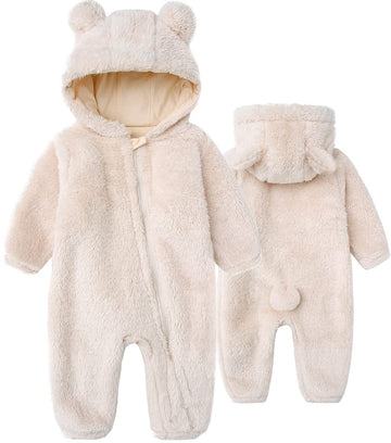 Baby Gilr'S Fluzzy Onesie Toddlers Cute Bear Jumpsuit Hooded Rompers With Zipper Beige 6-9M