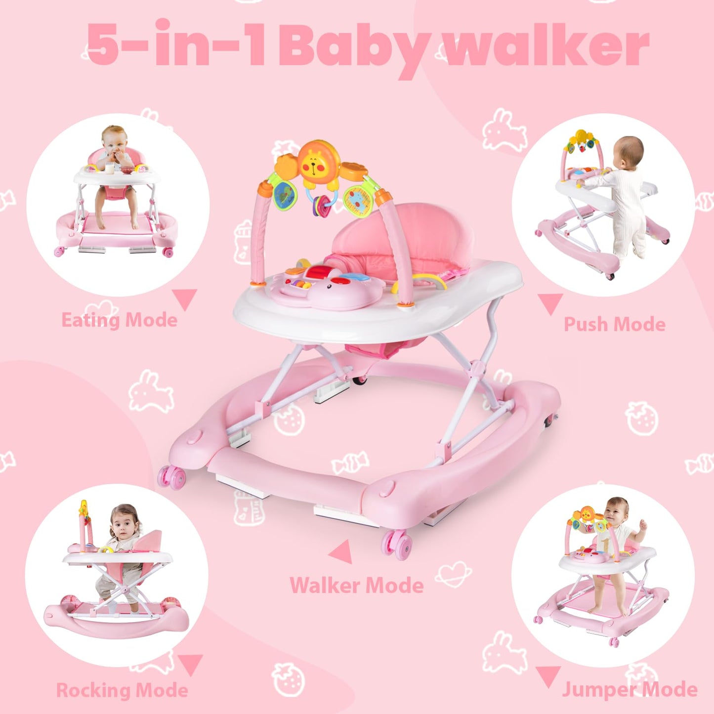 Boyro Baby 5-In-1 Baby Walker, Baby Walkers For Boys Girls 6-12 Months, Foldable Activity Walker, Toddler Infant Walker With Bou