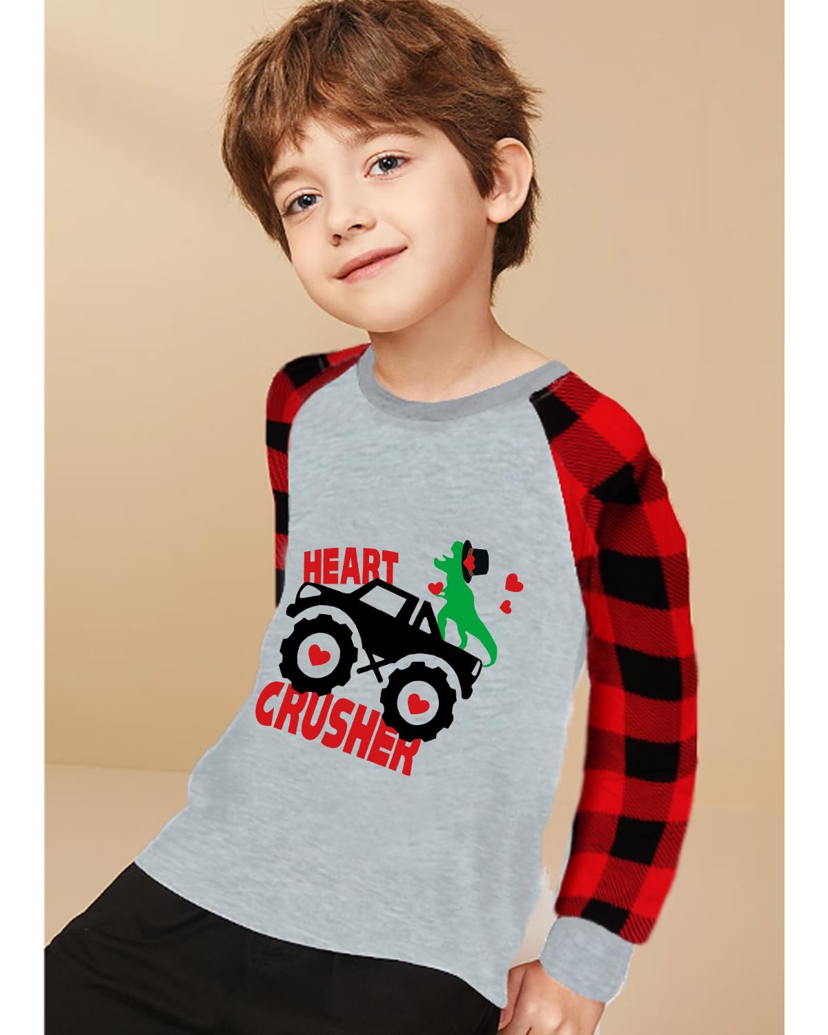 Toddler Boy Dino Valentine'S Day Shirt Girl Buffalo Red Plaid Tshirt Monster Truck Dinosaur Heart Crusher Raglan Sleeve Clothes