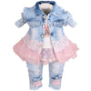 Yao Baby Girls Denim Clothing Sets 3 Pieces Sets T Shirt Denim Jacket And Jeans