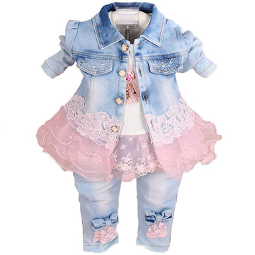 Yao Baby Girls Denim Clothing Sets 3 Pieces Sets T Shirt Denim Jacket And Jeans