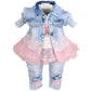 Yao Baby Girls Denim Clothing Sets 3 Pieces Sets T Shirt Denim Jacket And Jeans(Pink, 2-3 Years)