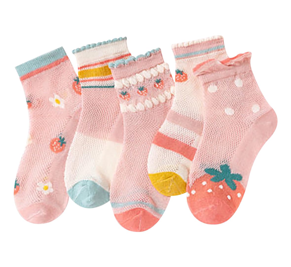 Syga 5 Pairs Baby Girl & Baby Boy Socks, Toddlers Infant Cotton Stretch Crew Socks With Light Strawberry Design, Suitable For 0