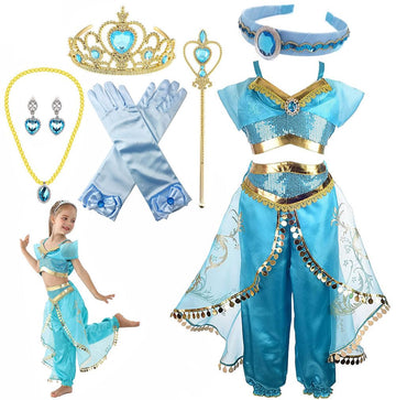 Girls Jasmine Costume Arabian Princess Jasmine Cosplay Costume With Headband Accessories Halloween Party Dress Up Costume For Ki