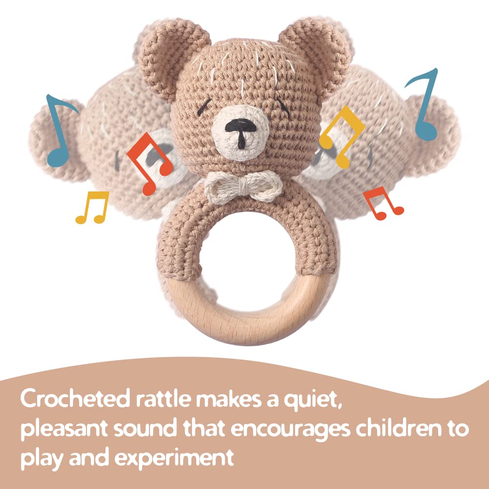 WOODEN TEETHER Baby Rattle, Shaker Toy,Crochet Baby Rattle, Crochet Baby Toys, Organic Wooden Newborn Toys, Newborn Animal Rattl