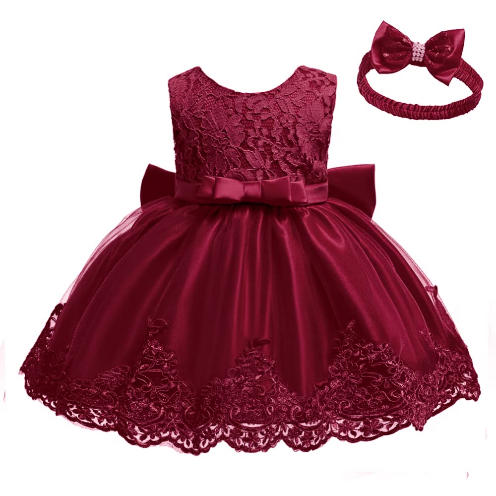 Baby Christmas Embroidery Lace Dresses Little Kid Easter Halloween Wedding Formal Event Dress (Burgundy 8348,24M)