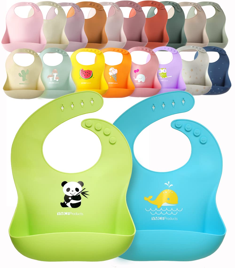 Ymcf Products 2-Pack Waterproof Silicone Baby Bib Lightweight Comfortable Easy-Wipe Clean (Green/Blue, Large)