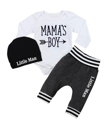 Baby Boy Clothes 0-3 Months Mama 'S Boy Outfits Long Sleeve Romper+ Little Man Pants+Hat 3Pcs Fall Clothing Sets