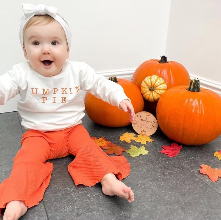 Wybzd Baby Girl Halloween Outfit Pumpkin Pie Crewneck Sweatshirt Shirt Top Bell-Bottom Pants Sets Cute Toddler Clothes (Pumpkin