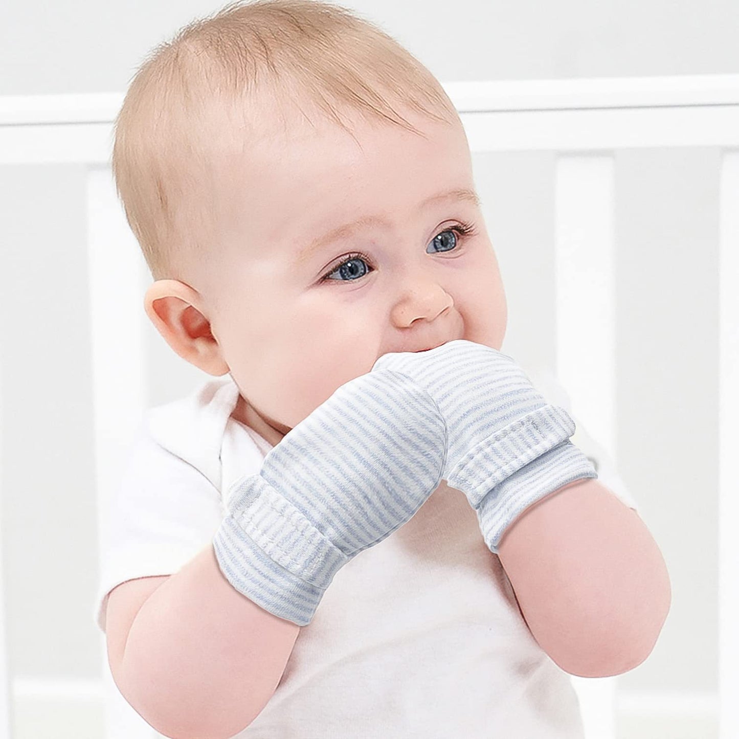 Newborn Baby No Scratch Mittens Stay On, 100% Cotton Breathable, Adjustable Infant Gloves For Baby Boys Girls Mittens (Blue Stri