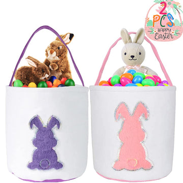 2Pack Easter Bunny Basket Bags For Kids, Canvas Cute Easter Bucket Bags With Glitter Rabbit For Kids Easter Eggs Hunting Party D