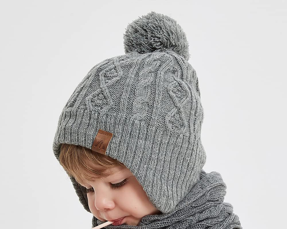 Moon Kitty Baby Hats For Boys And Girls - Upgrade Soft Pompom Fleece Lining Boys Winter Earflap Hat Gray