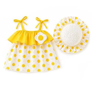 Bold N Elegant KidS Mini Polka Dot Fruit Print Shoulder Strap Princess Dress Frock Tutu With Hat For Infant Toddler (White  Ye
