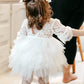 2Bunnies Girl Peony Lace Back A-Line Tiered Tutu Tulle Flower Girl Dress (White Bell Sleeve, 2T)