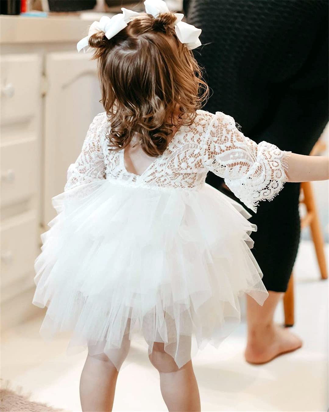2Bunnies Girl Peony Lace Back A-Line Tiered Tutu Tulle Flower Girl Dress (White Bell Sleeve, 2T)