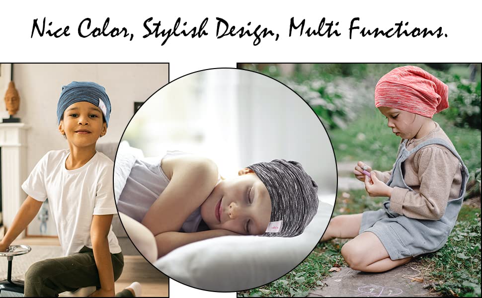 Greatremy Beanie Kids Silky Satin Lined Hair Bonnet Sleep Cap-Adjustable Elastic Band Slouchy Cotton Hat For Baby Girl Boy Infan