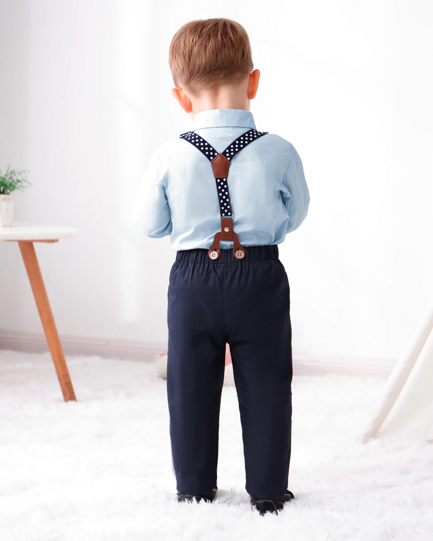 Yallet Toddler Baby Boy Clothes Suit Gentleman Outfits Formal Dress Shirt + Bowtie + Suspender Pants Wedding Party(L Sky Blue, 3