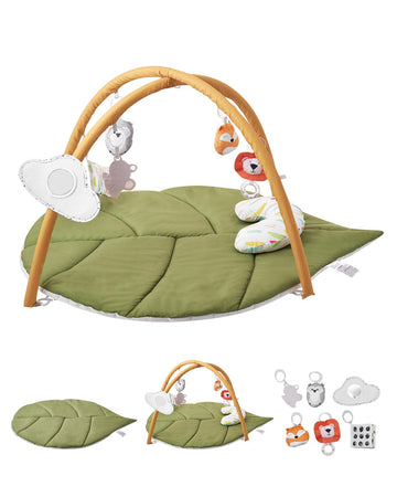 VEVOR Baby Play Gym Mat, Baby Activity Mat with 6 Sensory Toys, Oversize Leaf-Shaped Tummy Time Mat for 0-18 Months Newborn Infa