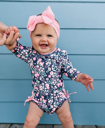 Rufflebutts Baby Girls Upf 50+ Sun Protection Floral Printed Long Sleeve One Piece Rash Guard Swimsuit With Zipper - Moonlit Mea