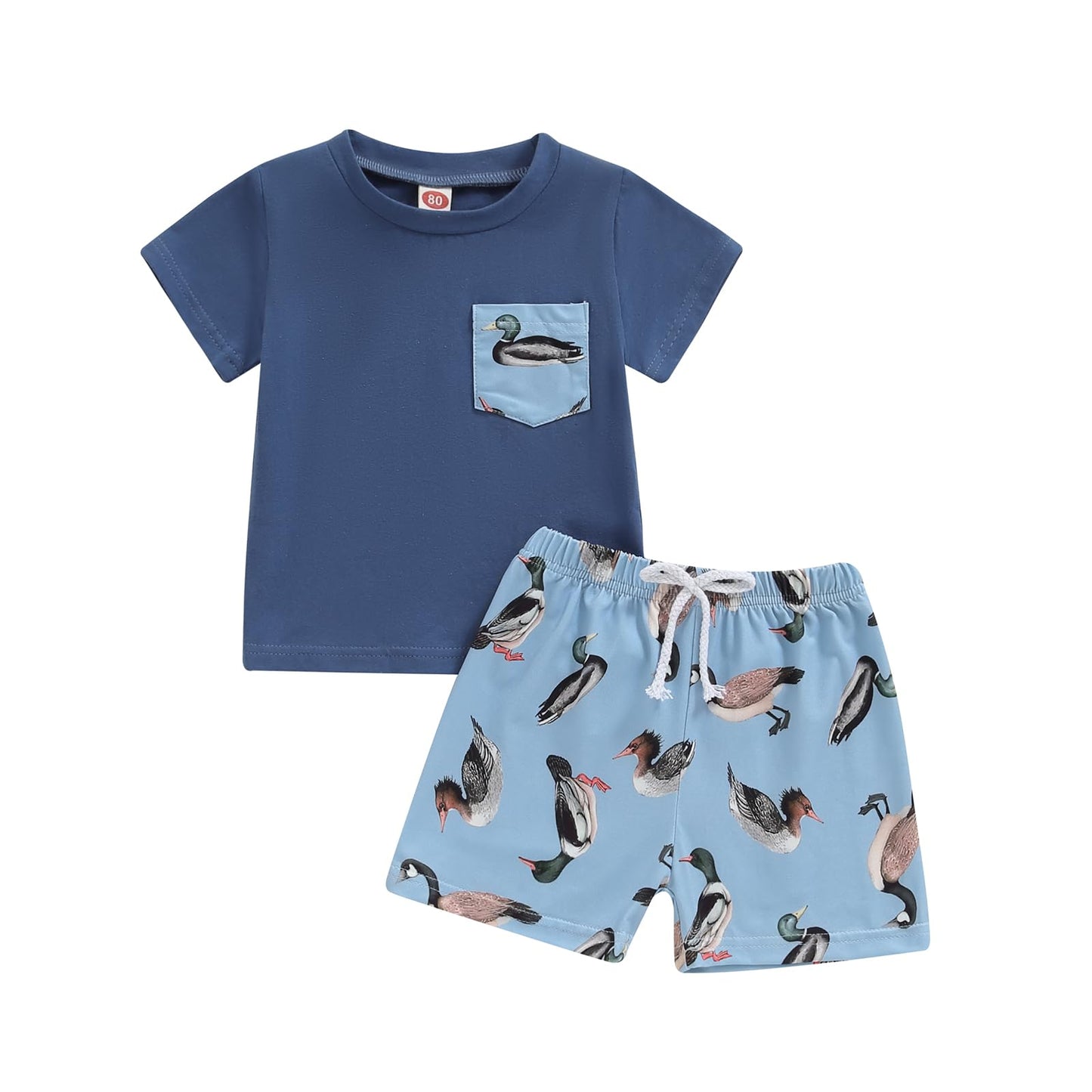 PUHHAPIEY Toddler Baby Boy Summer Clothes Retro Embroidery Duck Hunting Shirts T-Shirt + Elastic Camouflage Shorts Set (Navy Blu