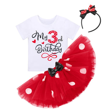 Ibtom Castle Toddler Baby Girls 3Rd Birthday Princess Outfit Polka Dots T-Shirt Top Tutu Skirt Set Ears Headband Third Years Old