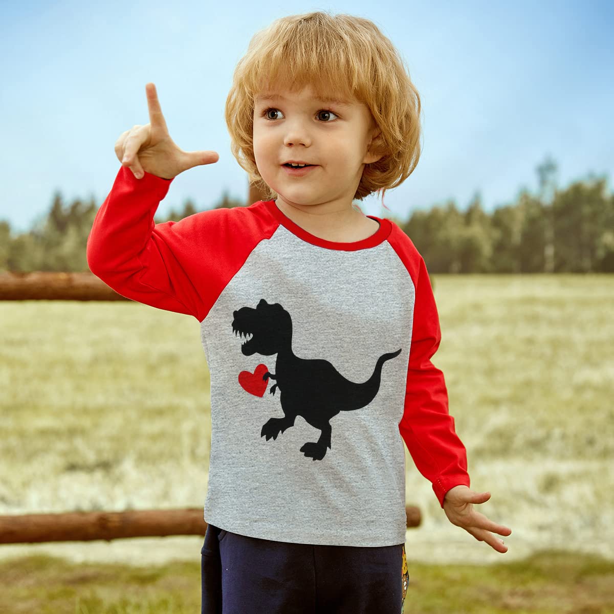 Toddler Boys Girls Valentines Day Gifts Dinosaur Love Heart Shirt For Kids Red Raglan Tees 3 Years