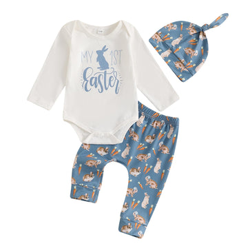 Amnnchya My First Easter Baby Boy Girl Outfit Rabbit Romper Bunny Carrot Pants Newborn Fall Winter Clothes Hat Set (Blue, 0-3 Mo