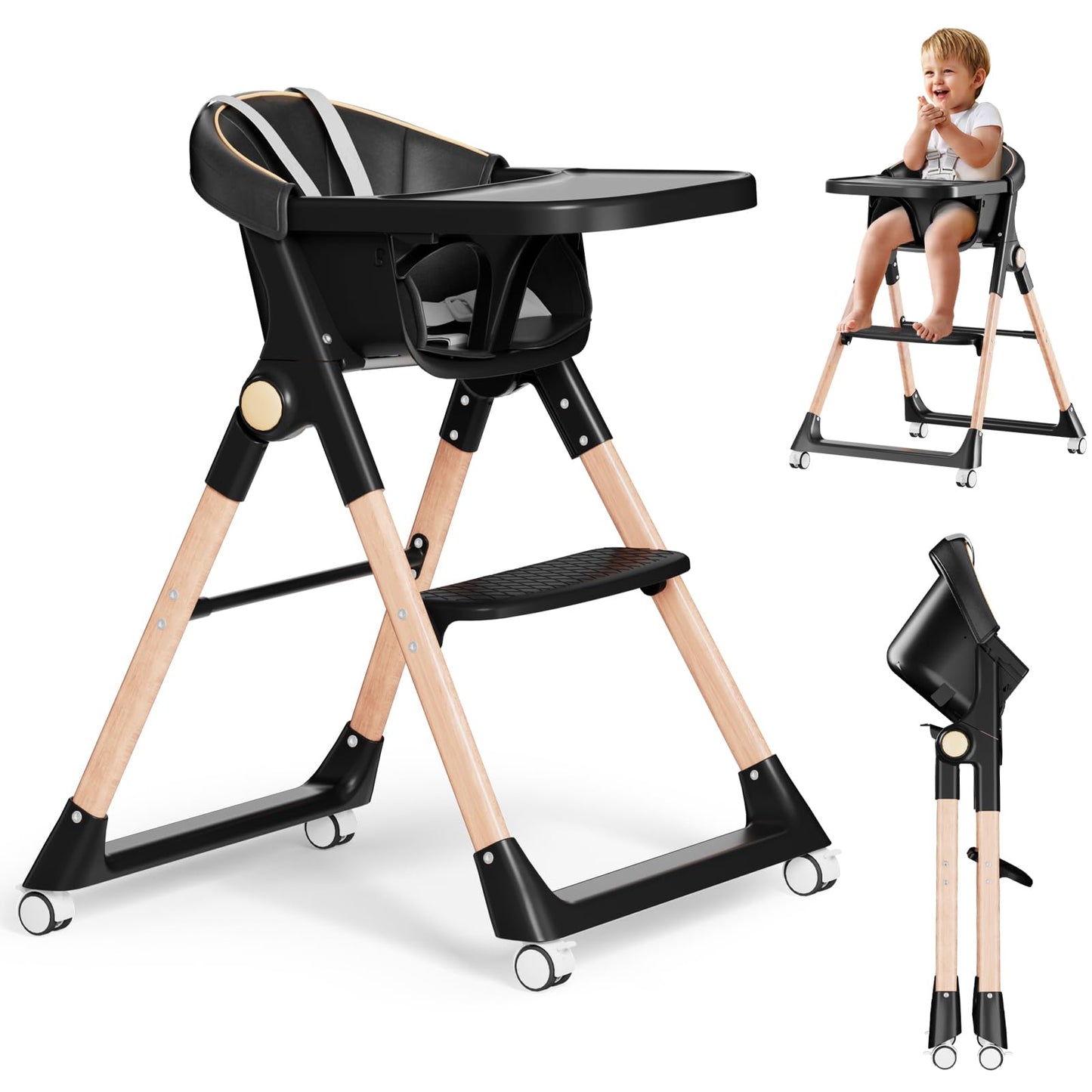Baby High Chair, High Chairs for Babies and Toddlers, Convertible Folding High Chair with Wheels, Removable Tray 5 Point Harness