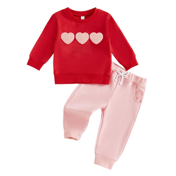 Fernvia Toddler Baby Girl Valentines Day Outfits Heart Print Pullover Sweatshirts & Pants Set Fall Winter Clothes (Red, 2-3T)