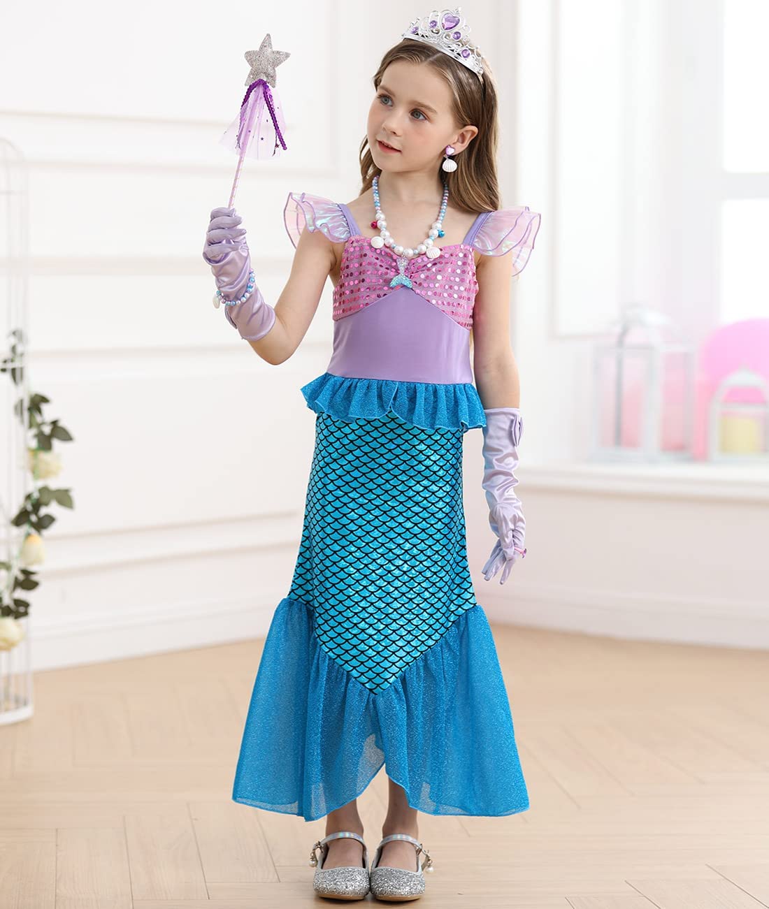 Luzlen Little Girls Mermaid Princess Costume Party Dress For Toddler Kids Baby Halloween Cosplay Dress Up With Accessories, Blue