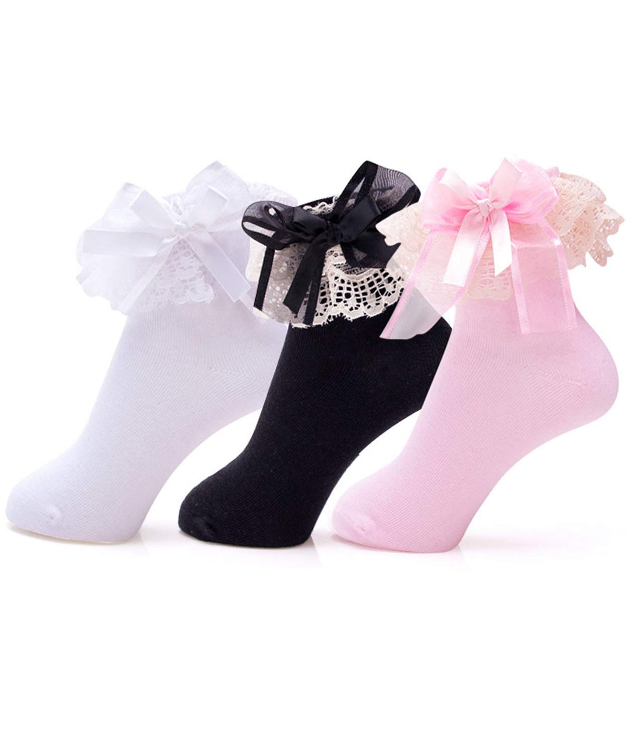 Baiyixin 3 Pack Little Girls Cotton Lace Ruffle Princess Style Dress Socks, Z-3Colors, 6-9 Years