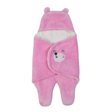 NAMAN Newborn Plush Swaddle, Hodded Blanket, Sleeping Bag, Warm and Soft Swaddle Wrap for Baby boy and Baby GirlPink_Cute Carto