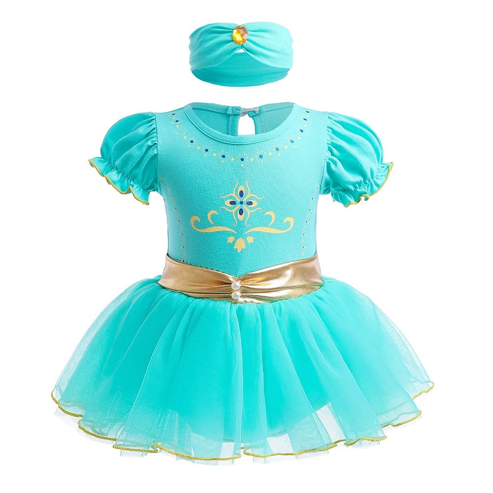NEWEPIE Jasmine Princess Costume for Baby Girls Aladdin Halloween Outifts Birthday Romper Tutu Dress w/Headband