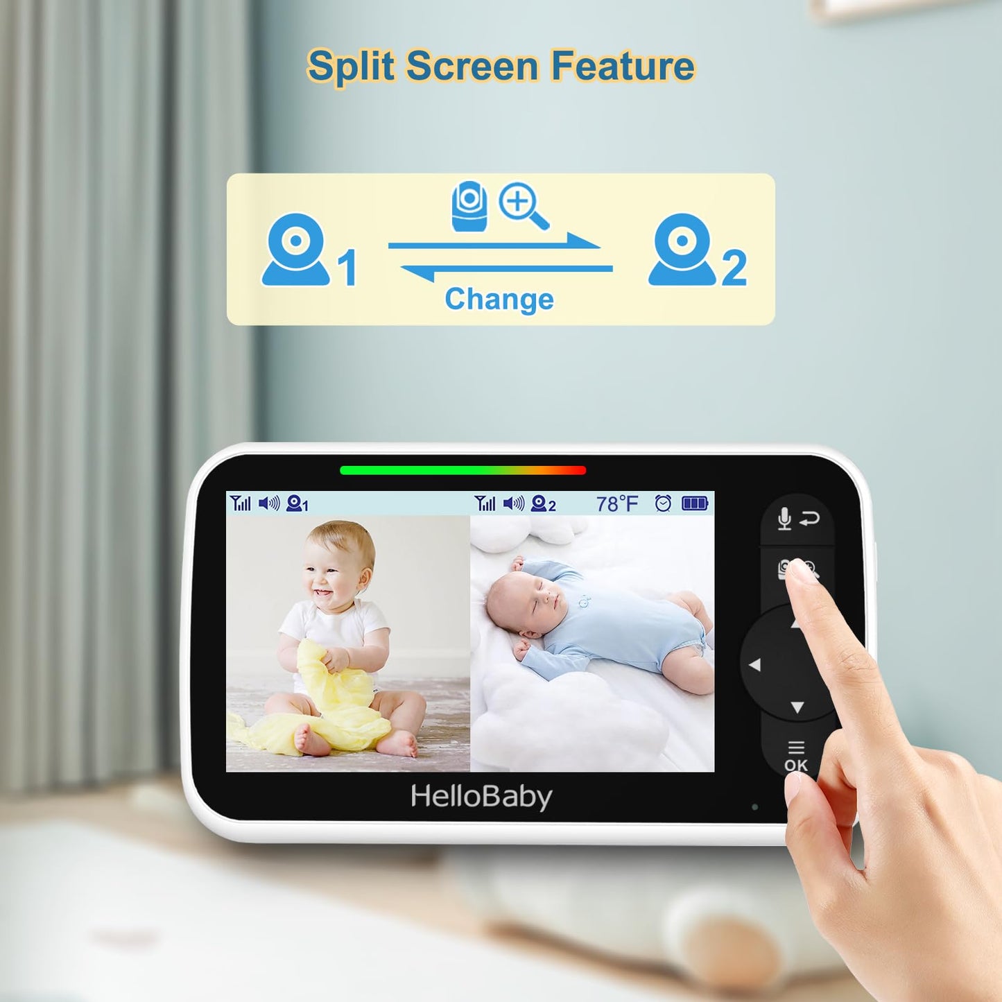 Hellobaby Video Baby Monitor With 2 Cameras And 5 Inch Split Screen Display, Remote Control Cameras With Night Vision And Tempra