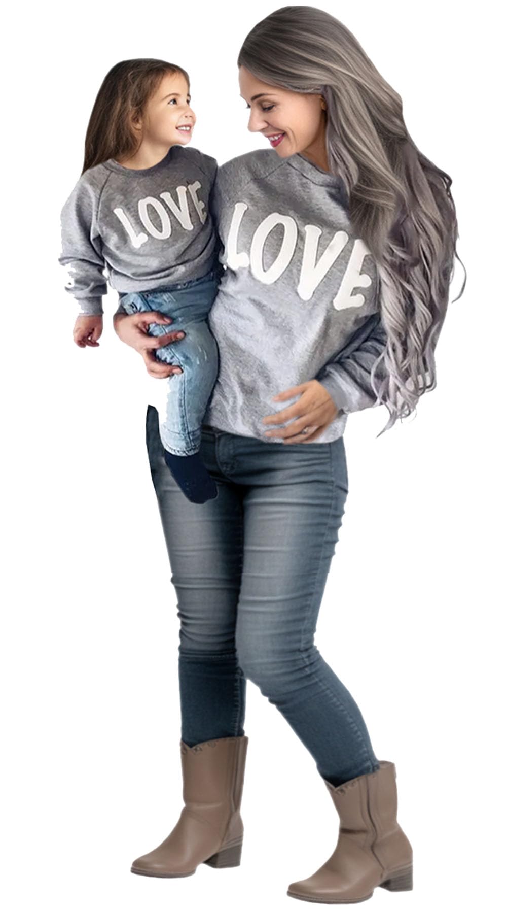 Y&Tbaby Mommy And Me Love Print Long Sleeve Pullover Tee Tops Family Matching Casual Sweatshirt T-Shirt Clothes Outfits(Grey,Mom