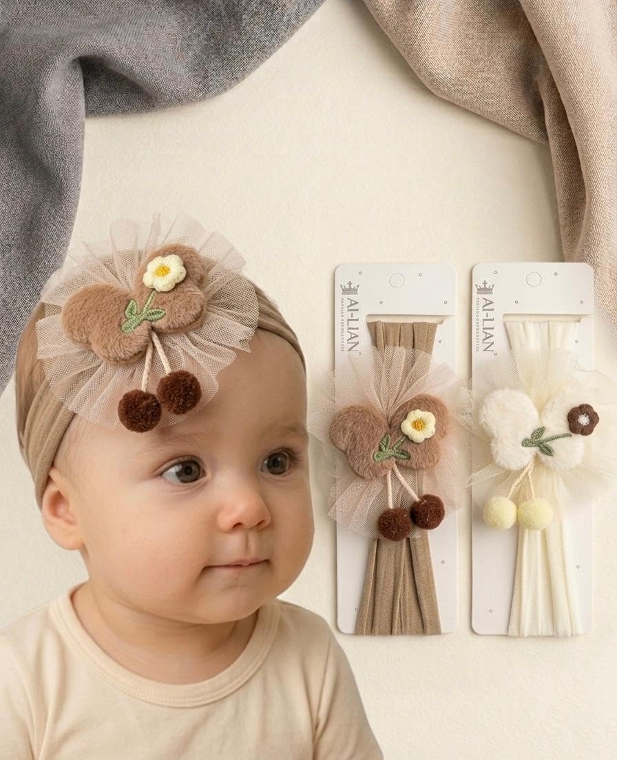 Hair Sparkles Pack Of 2 Baby Girl Headband With Tulle Flower And Pom Pom, Beige And Cream, Infant Hair Accessory