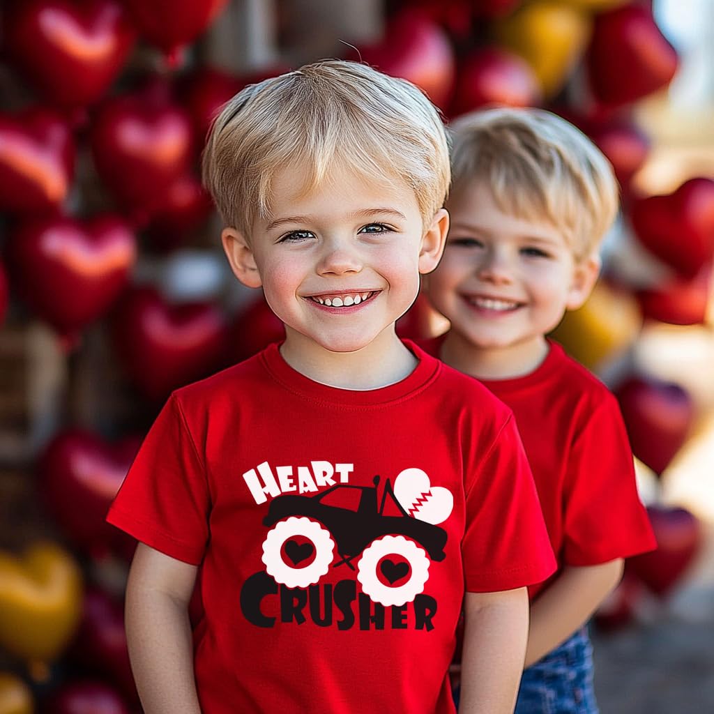 Little Boy Valentines Day Shirt Heart Crusher Monster Truck Graphic Vday Toddler Kids Heart Tops Size 7 Years