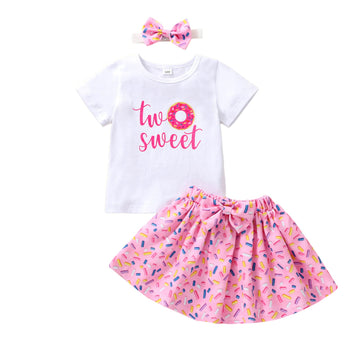 Ledy Champswiin Summer Toddler Girl Clothes Two Sweet Birthday Outfits Short Sleeve Donut Tops High-Waist Skirt Sets 3Pcs
