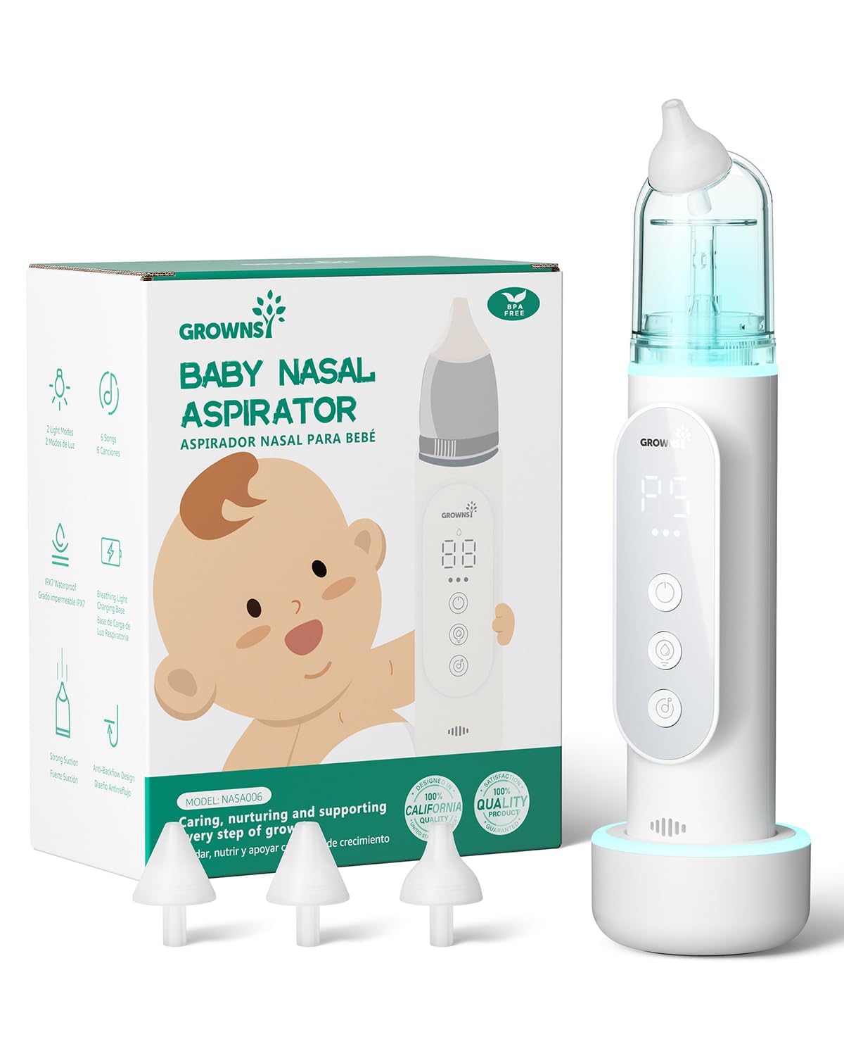 Grownsy Nasal Aspirator For Baby, Upgraded 5 Suction Levels Baby Nose Sucker, Ipx7 Waterproof Electric Nose Suction For Baby, Bo