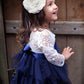 2Bunnies Girl Peony Lace Back A-Line Tiered Tutu Tulle Flower Girl Dress (Navy Sleeve Short, 6M)