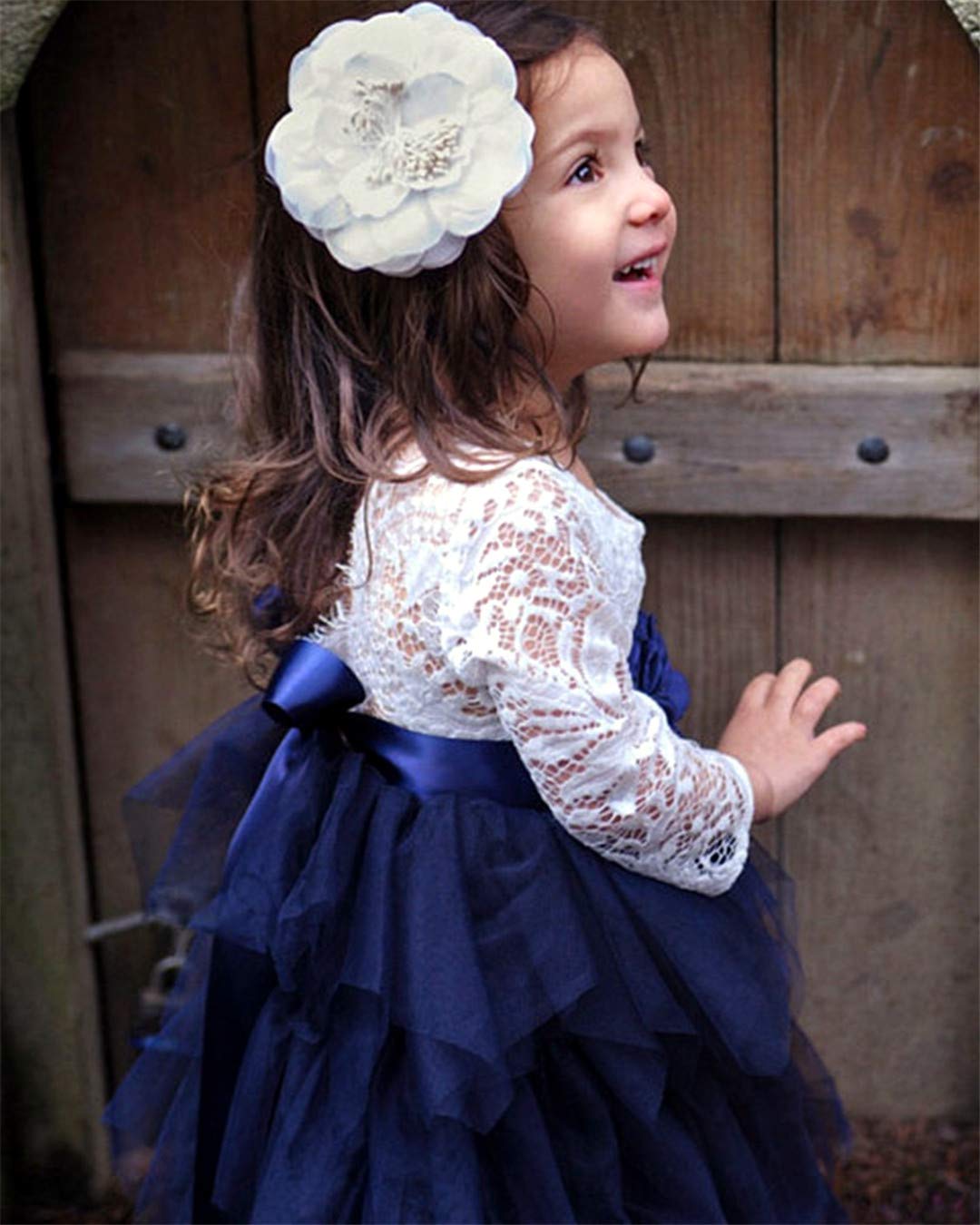 2Bunnies Girl Peony Lace Back A-Line Tiered Tutu Tulle Flower Girl Dress (Navy Sleeve Short, 6M)