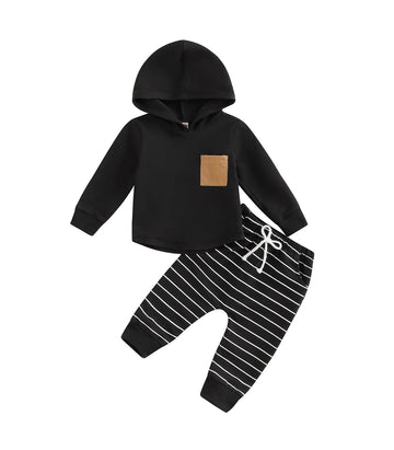 Baby Boy Clothes 3 6 9 12 18 24M 3T Pants Set Hooded Patchwork Hoodie Striped Sweatpants Fall Winter Outfit (Black, 18-24 Months
