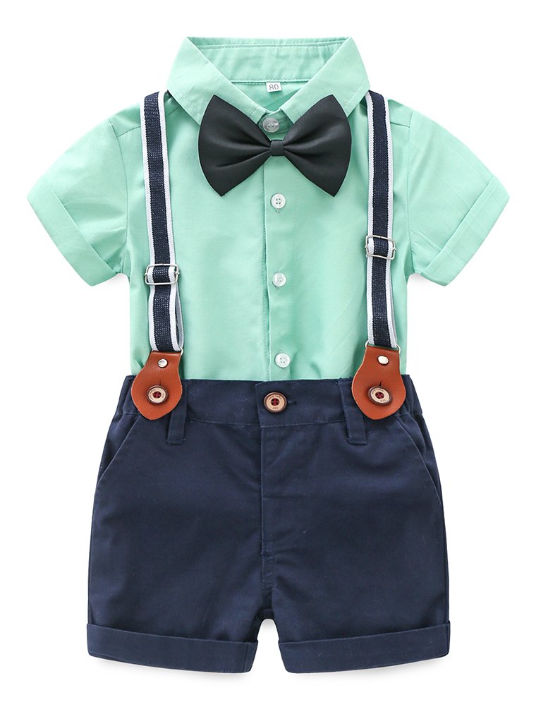 Abolai Baby Boy Summer Cotton Gentleman Short Sleeve Bowtie Romper Suspenders Shorts Outfit Set Style2 Green 95
