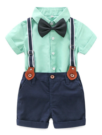 Baby Boy Summer Cotton Gentleman Short Sleeve Bowtie Romper Suspenders Shorts Outfit Set Style2 Green 90