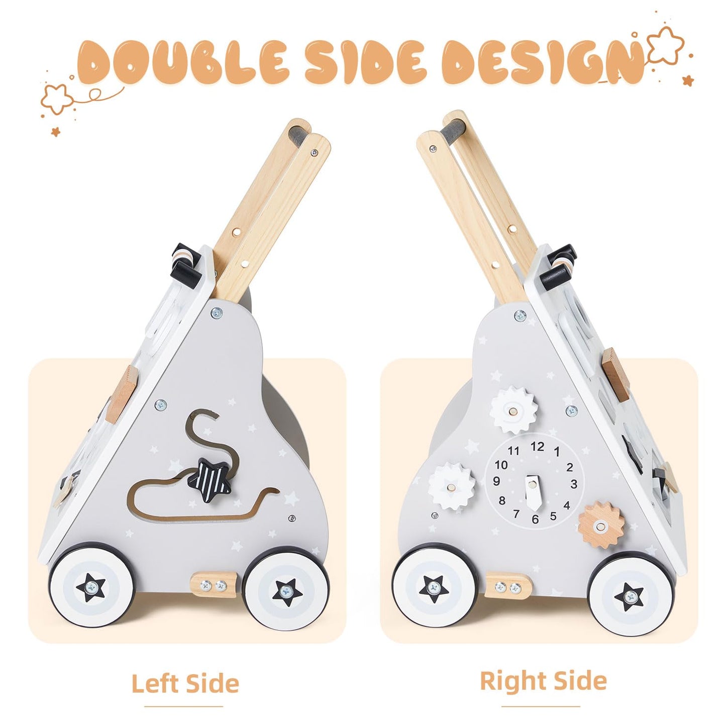 PTINFLUCE Wooden Baby Walker, Baby Push Walker with Wheel, Push and Pull Toys Learning to Walk, Montessori Walker Toy for Kids D